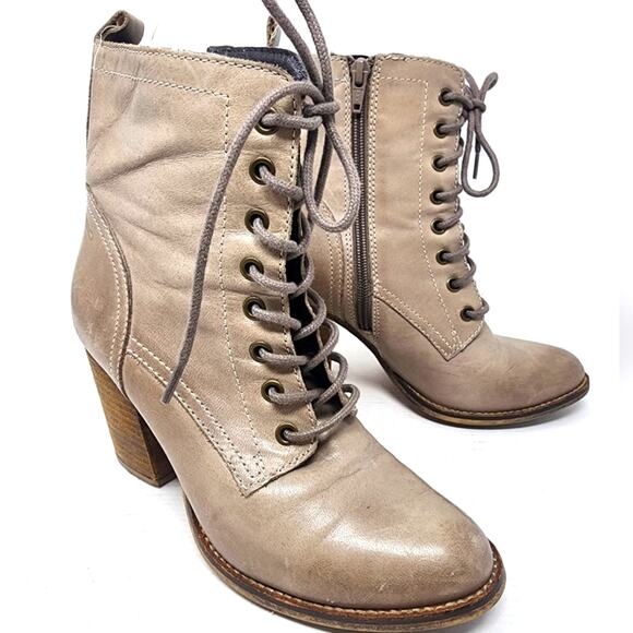 Steve Madden Lauren Taupe Ankle Booties Side Zip Laces Leather Boots Size 8 - Picture 1 of 9